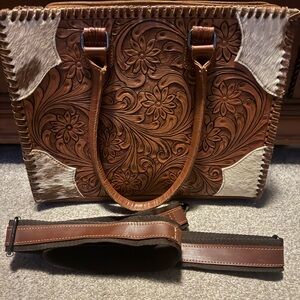 Large Genuine Leather & Hair on Hide Tooled Tote/Purse/Handbag-New